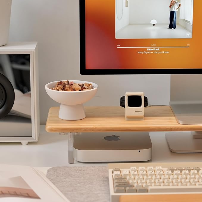 Bamboo Monitor Stand Riser, Natural Desk Shelf with Acrylic Legs | 31.5-Inch Wide, 3.3-Inch Clearance, Fits Monitor, Laptop, Printer and Speakers for Small Desks