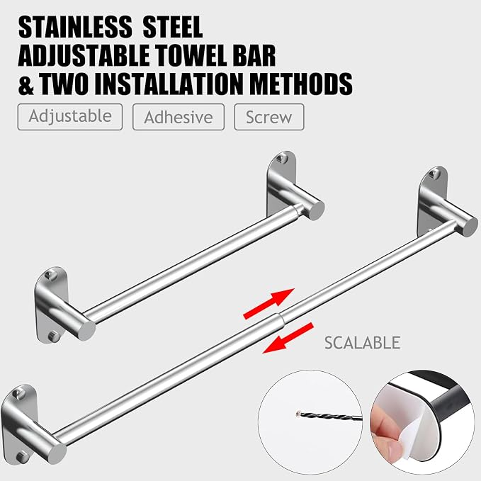 Towel Bar, Adjustable 14.4inch - 25.2inch Towel Rack, Self Adhesive Wall Mounted for Bathroom Kitchen Hand Towel Holder Cloths Hanger 304 Stainless Steel Organizer Single Bar (1, Chrome)