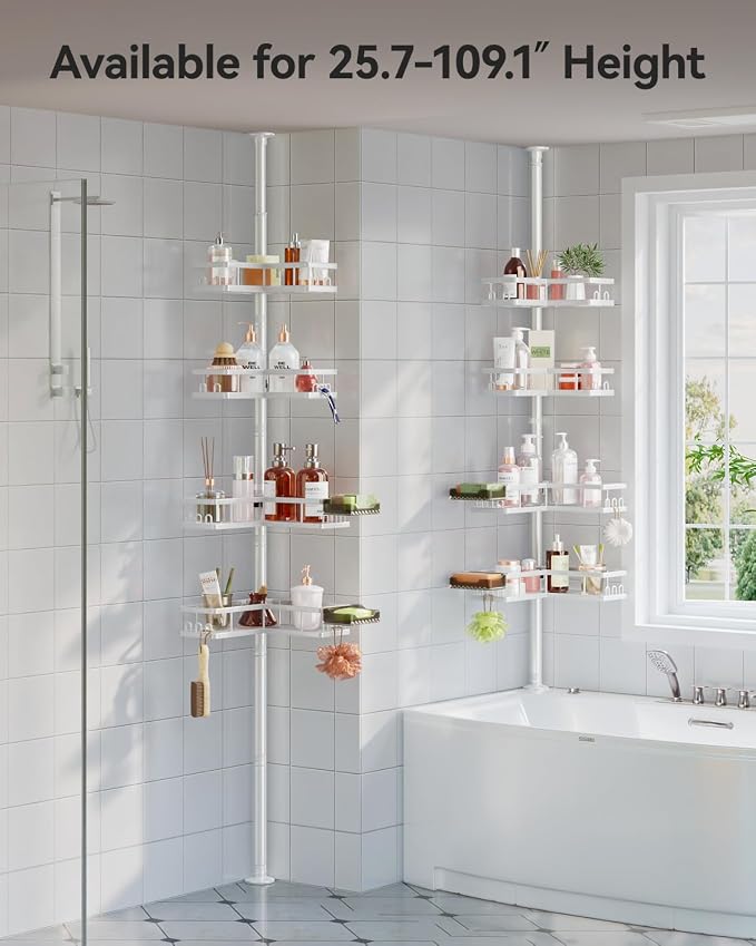 YASONIC Corner Shower Caddy Tension Pole, 25.7-109.1in Adjustable Shower Shelves, Rust-Resistant Shower Organizer, No-Drill 3-Step Installation, Bathroom Shelves for Renters & Family, White