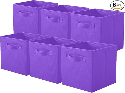 PowerKing Collapsible Storage Cubes, Farbic Storage Bins, Violet, 6 Pack | Sturdy, Lightweight, Easy Pull Handle, Closet & Shelf Organizer, Clothes and Toys Storage, 10.5'' x 11'' x 10.5''