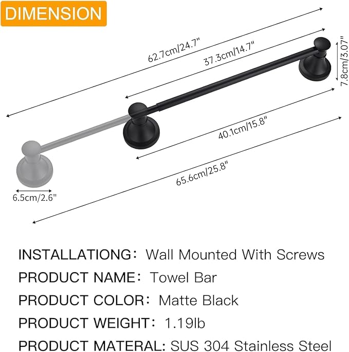 BESy Towel Racks for Bathroom Wall Mounted Bath Towel Bar Matte Black | Adjustable 16-26 In, Wall Mounted Towel Holder, Stainless Steel, Rustproof, Towel Bar Rod Hanger Hardware Accessories Hotel
