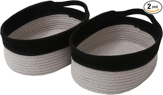 JMvicyroam Small Woven Basket, Empty Gift Basket, Black&Grey/2 Pack | Small Gift Basket, Cotton Rope, 12 x 8 x 79 in, Handles, Includes Ribbon and Bag, Birthday Gift Basket