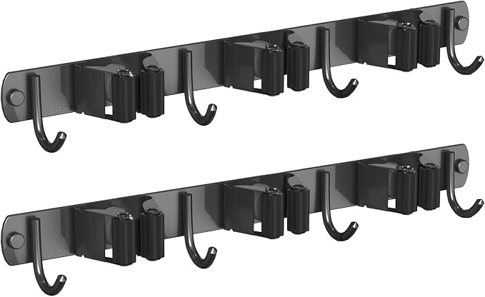 CUXIXA 2 Pack Mop and Broom Holder Wall Mount, Non-slip Broom Hanger Wall Mount, Heavy Duty Mop Broom Organizer for Kitchen Garden Garage Laundry Room Wall Decor Organization and Storage Black 3R4H