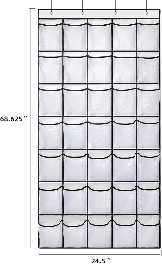 SAVERHO 35 Pockets Over the Door Shoe Organizer, Hanging Shoe Organizer for Door with 35 Mesh Pockets Large Capacity Shoe Hanging Storage Bag with 4 Metal Hooks (White-1Pack)