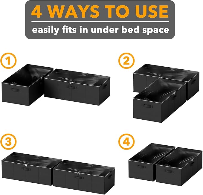 SpaceAid 2 Pack 10" High Under Bed Storage Containers, Large Underbed Storage Organizer Bins with Lids for Bedroom, Dorm, Clothes, Closet Organization, Bed Sheets and Blankets (Black)