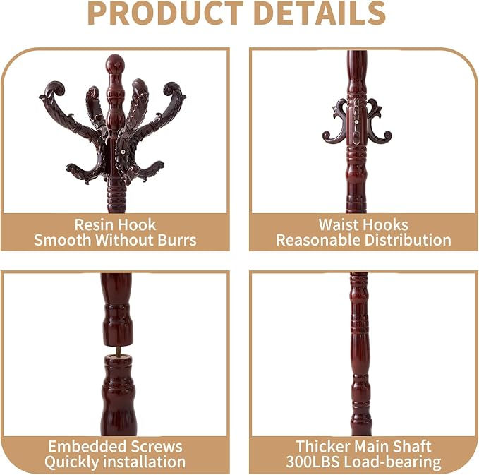 ZOZOE Wooden Coat Rack,Vintage Coat Rack Freestanding with 14 Hooks | Solid Wood Coat Rack Stand with Round Base,Classic Natural Birch Wood Coat Clothes Tree Stand for Entryway Hallway