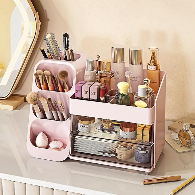 Booklov Large Makeup Organizer for Vanity Countertop, Pink | Clear Acrylic Cosmetic Display Case, Beauty Brush Holder for Bathroom Counter, Make Up Skincare Lipsticks Storage