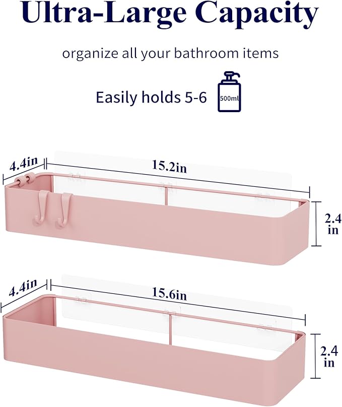 Kitsure Shower Caddy Adhesive, Stylish Shower Organizer, XX-Large, Pink | 2 Pack Shower Shelf for Inside Shower, 100% Rustproof Metal Shelves, No-Drill Bathroom Organizers and Storage