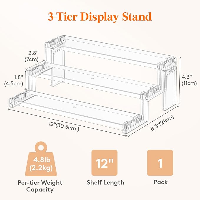 Lifewit Spice Rack, Perfume Cologne Organizer, Cupcake Stand, Tool-Free Assembly, Display Riser Shelf, Seasoning Figurine Makeup Holder, Room Decor, Kitchen Cabinet Storage, Clear, 12in-3 Tier, 1 Pcs