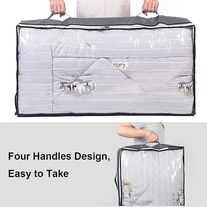 Under Bed Storage Containers, 4-Pack Large Underbed Storage Bags Organizer, Thick Fabric Storage Bins with Clear Window and Handles for Blanket, Comforter, Bedding, Clothes, Black