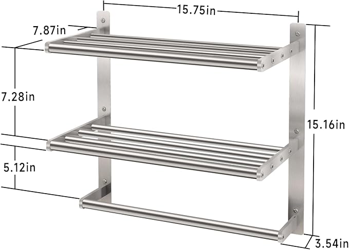 Bethom Bathroom Towel Rack with Bars, 16 Inch Towel Shelf, Brushed Nickel | 3-Tier Hotel Towel Racks for Bathroom Wall Mounted, Bath Towels Storage, Stainless Steel