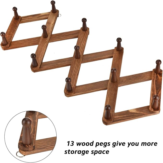 Vintage Wood Expandable Peg Rack- Multi-Purpose Accordion Wall Hangers with 13 Hooks for Hats, Coat, Mugs, Scarf, Jewelry Storage