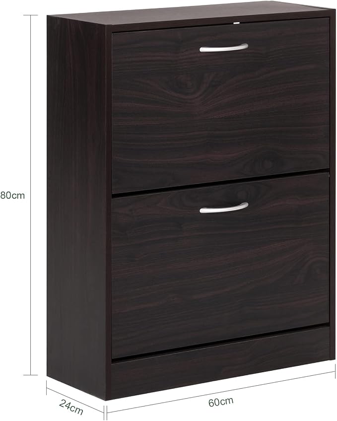 Haotian Narrow Shoe Cabinet for Entryway | Slim Freestanding Shoe Rack with 2 Flip-Drawers, Hidden Storage Shoe Organizer Hallyway Mudroom, Brown, FSR110-K-BR