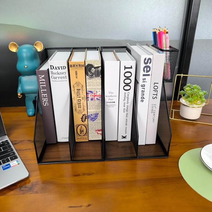 Mesh Desk Organizer Set, 2 Pack Set, with Pen Holder | Metal mesh desktop organizer set. 4-compartment file holder. Space-saving storage for office, home, school, Black