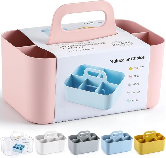 Multiuse Caddy Organizer with Handle, Portable Divided Plastic Tote Bin - Art Craft, Stationary Pen Marker Crayons, Makeup Hair Supplies Storage - Bathroom, Classroom, Dorm, Office, Desk Holder - Pink