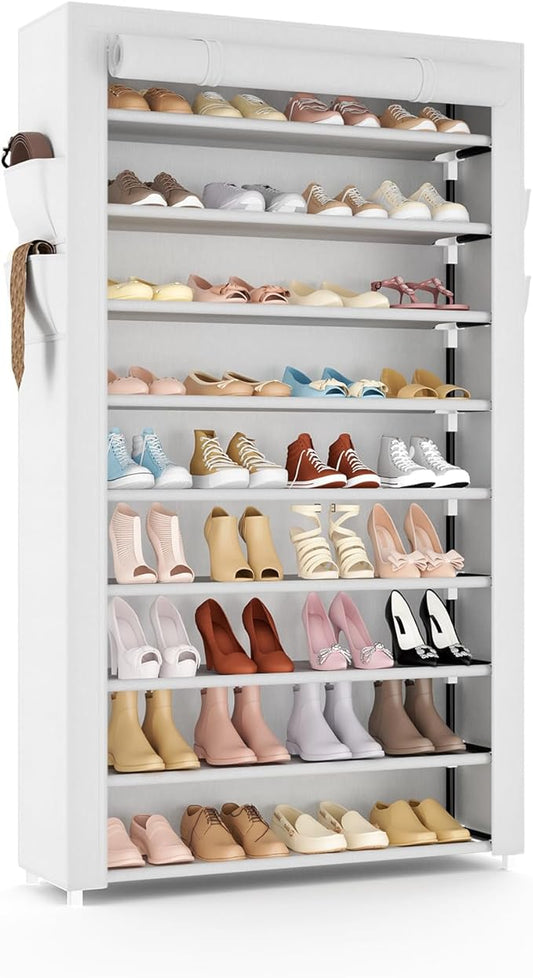 VILICK Shoe Rack with Cover Narrow Shoe Organizer with Pockets 10 Tier Tall Shoe Storage Holds 36-41 Pairs Shoes and Boots Shoe Rack for Closet Entryway Garage, White