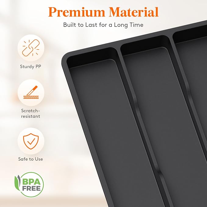 Lifewit Utensil Organizer for Kitchen Drawer, Expandable Cooking Silverware Tray, Adjustable Cutlery Flatware Holder, Plastic Spatula Tools Storage Divider, 17.3 x 15.8", Black