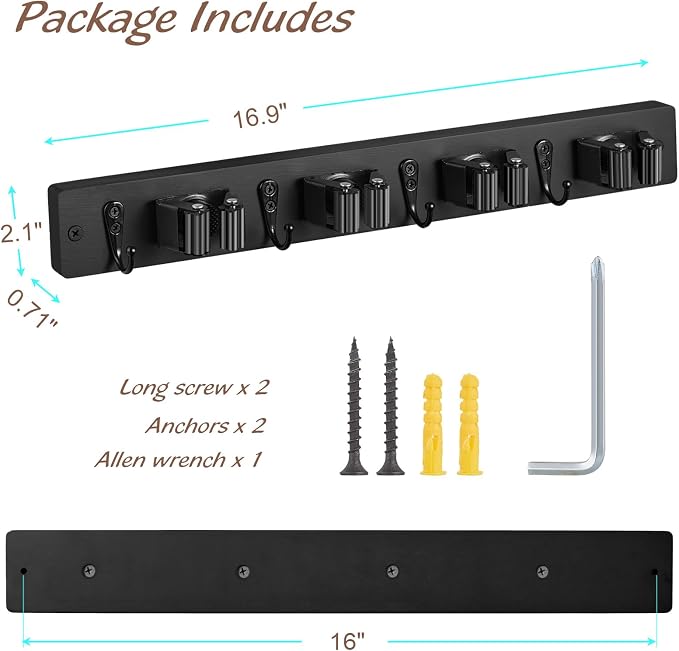 OUTNILI 2 Pack Black Mop Broom Holder Wall Mount - Wood Broom Mop Hanger - Wall Mounted Garden Tool Rack Organizer for Closet Garage Laundry Room, 4 Slots & 4 Hooks