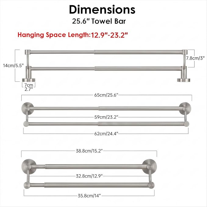 BESy Double Towel Bar Towel Rack for Bathroom Wall Mounted Brushed Nickel | Adjustable 16-26 In,Wall Mounted Towel Holder, Stainless Steel, Rustproof, Towel Bar Rod Hanger Hardware Accessories Hotel