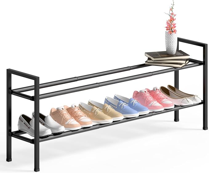 Bumusty 2 Tier Long Expandable Shoe Rack for Closet, Black | 18"-44" Adjustable Shoe Rack for Entryway, Shoe Organizer for Dorm, Front Door, Sturdy Metal