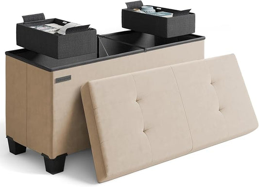 Storage Ottoman Bench with Bins, 30-in Storage Bench for Bedroom End of Bed, Folding Foot Rest Ottoman for Living Room Max 660lbs, Velvet Ottomans, Taupe
