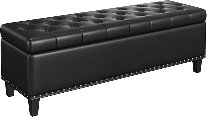 FiveWillowise 51 Inch Storage Ottoman Bench,Large End of Bed Storage Bench | Faux Leather Ottoman with Storage,30 Gallons,Upholstered,with Nailhead Trim,Legs,for Bedroom,Living Room,Entryway,Black