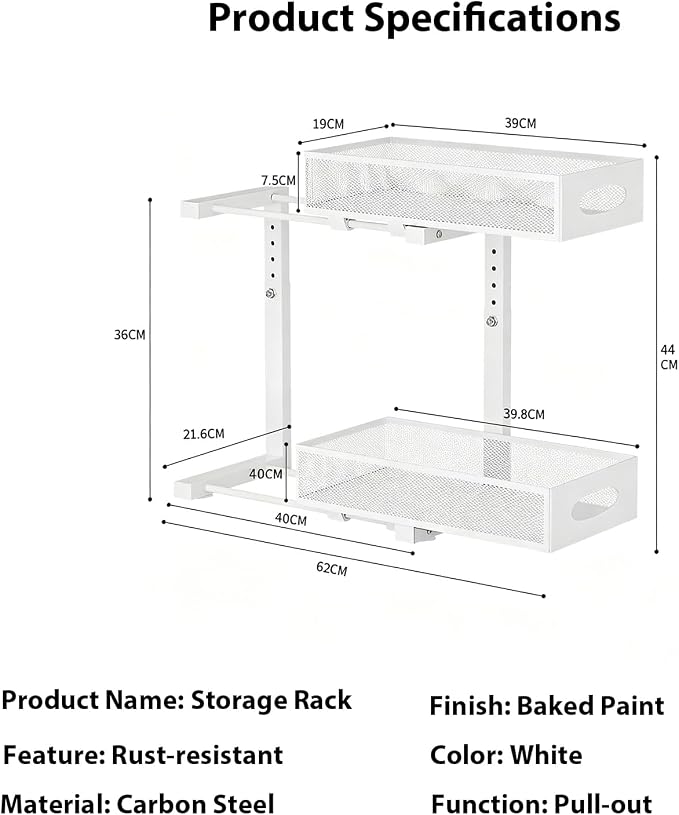 2 Pack Under Sink Organizer, 2-Tier Pull Out Kitchen Cabinet Organizer, Height Adjustable Metal Slide Out Bathroom Organizers and Storage Makeup Drawer Organizer for Office Bedroom(A-White, 2Pack)