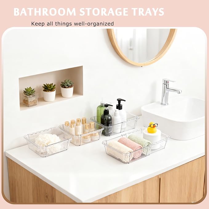Extendable Drawer Organizer, 14 pcs Bathroom & Vanity Adjustable Drawer Organizers Tray, 3-size Clear Plastic Storage Bin for Makeup, Office Desk, Kitchen, Bedroom, Cabinet Drawer