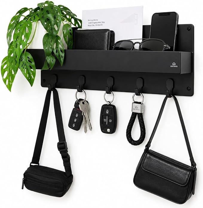 Modern Large Wall Mounted Key Holder with Deep Shelf, Entryway Organizer with 5 Heavy Duty Hooks, Metal Key Rack for Wall, Mail Holder & Dog Leash Hanger, Black