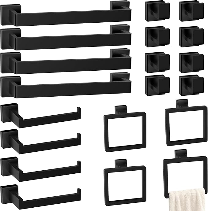 20-Pieces Matte Black Bathroom Accessories Set, 16 Inch Bath Towel Bar Set | Stainless Steel, Towel Ring, Toilet Paper Holder, Robe Hooks, Towel Racks for Bathroom Wall Mounted, Bathroom Hardware Set