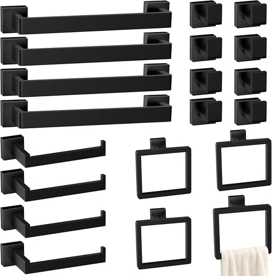 20-Pieces Matte Black Bathroom Accessories Set, 16 Inch Bath Towel Bar Set | Stainless Steel, Towel Ring, Toilet Paper Holder, Robe Hooks, Towel Racks for Bathroom Wall Mounted, Bathroom Hardware Set