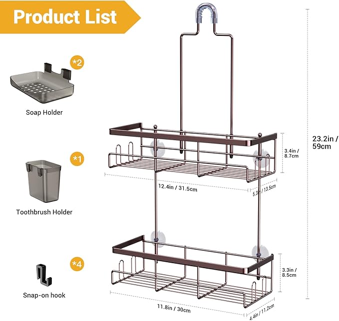 AKTECKE Shower Caddy Hanging Bathroom Organizer: Rustproof Shelf for Inside Shower - No Drilling, Over Showerhead - Bath Shelves for Shampoo, Soap - Bronze