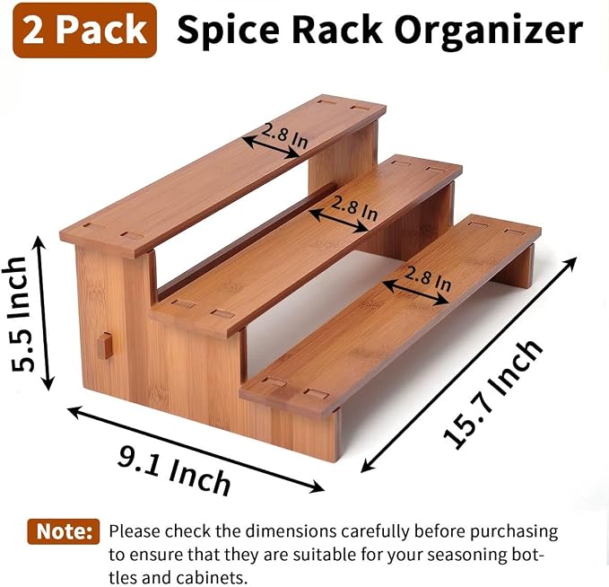 JinDoWin 2 Pack Spice Rack Organizer for Cabinets,Countertop & Pantries | 3-Tier stepped design for clear visibility & easy access,Dark Bamboo Seasoning Organizer,Kitchen Cabinet Organizer