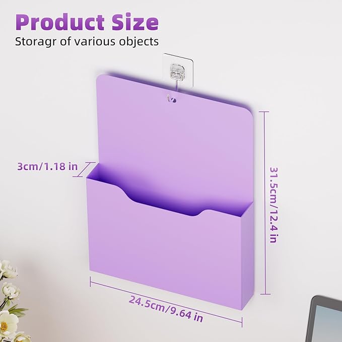 Marbrasse Magnetic File Holder - Magnetic Paper Holder, Pocket Organizer Office Supplies Storage Mail Organizer for Notebooks,Planners,Letter (Purple)