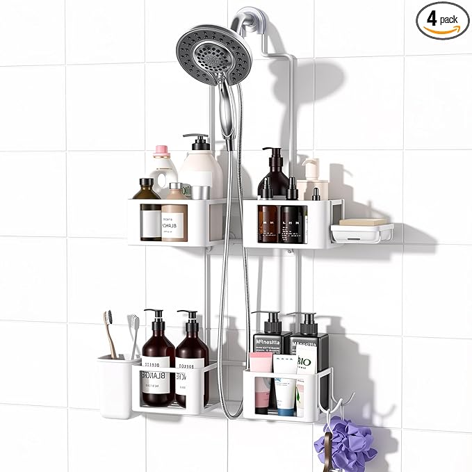 Epicano Shower Caddy for Handheld Showerheads,Stainless Steel, White | Removable Hooks,Soap Holder & Toothbrush Holder, Rustproof, Anti-Swing, Holds Razor, Sponge, Soap, Toothbrush