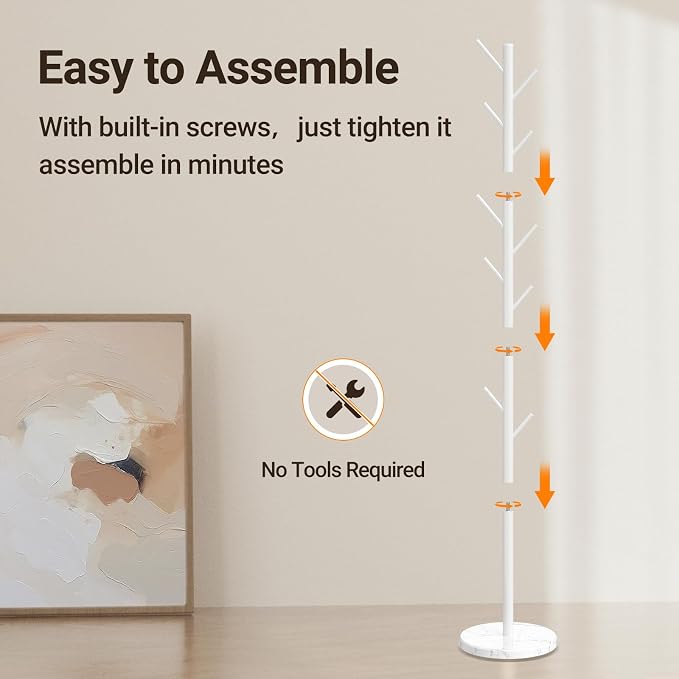 Coat Rack Freestanding, Metal Coat Rack with Natural Marble Base, White | 10 Hooks, 3 Adjustable Heights, Heavy Duty Coat Tree for Bags, Clothes, and Hats for Entryway, Bedroom, Hallway, Office