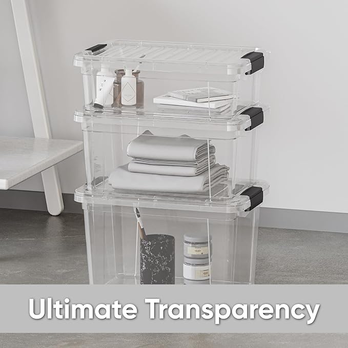 Superio Clear Storage Box with Lid, 26.5 Quart Plastic Container Bins for Organizing, Stackable Crates, BPA Free, Non Toxic, Odor Free, Organizers for Home, Office, School, and Dorm