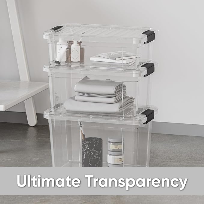 Superio Clear Storage Boxes with Lids, 26 Quart Plastic Container Bins for Organizing, Stackable Crates, BPA Free, Non Toxic, Odor Free, Organizers for Home, Office, School, and Dorm