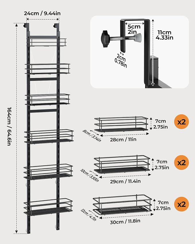 6-Tier Narrow Pantry Door Organizer,Over the Door Pantry Organizer,Black | Height Adjustable Heavy Duty Hanging Metal Basket,Back of Door Organizers and Storage for Home,Kitchen,Laundry,Bathroom