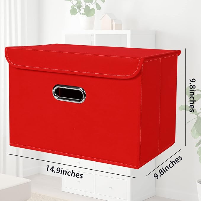 STOREONE Fabric Storage Cube Bins Foldable Organizer Container Collapsible Basket with Lids and Metal Handles, for Home, Bedroom, Closet 6 Pcs (Red)