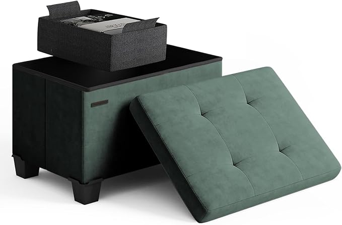 Storage Ottoman Cube with Small Bin, 16-in Square Ottoman with Storage for Living Room and Bedroom, Small Ottomans Foot Rest, Velvet Foot Stools Ottomans Max 330lbs, Green