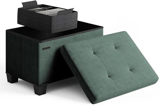 Storage Ottoman Cube with Small Bin, 16-in Square Ottoman with Storage for Living Room and Bedroom, Small Ottomans Foot Rest, Velvet Foot Stools Ottomans Max 330lbs, Green