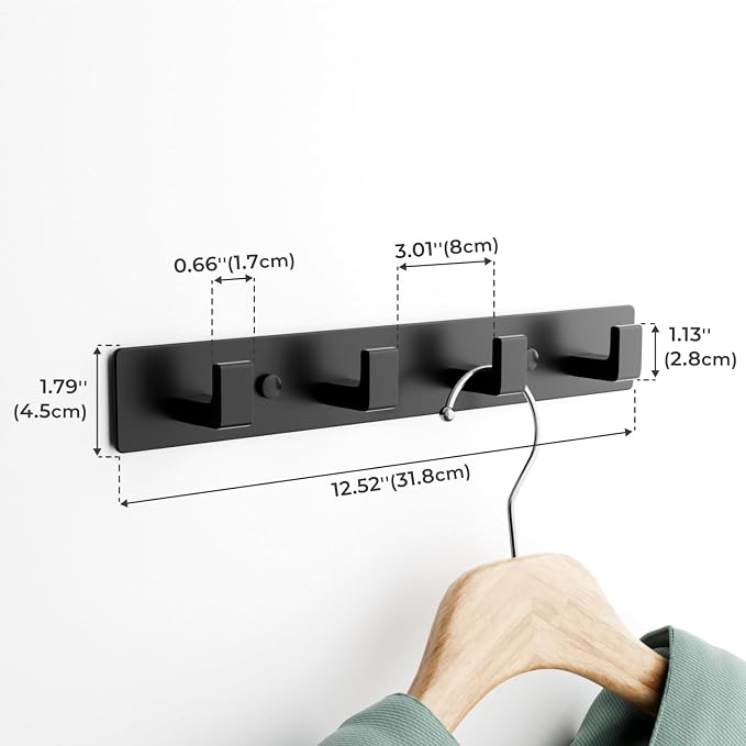 Black Coat Rack Wall Mount - 12.5" Rail with 4 Right-Angle Hooks(2 Pack) | Drill-Mounted Organizer for Coats, Hats, Bags in Entryway, Bathroom, Bedroom