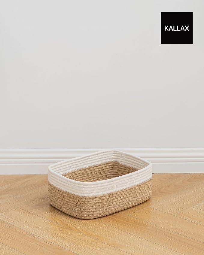 KALLAX Small Woven Storage Basket for Organizing, 13.5x9.5x5 inches, 3 Pack | Shelf baskets for closet organization, toy storage and home decor, Perfect as empty gift baskets for holidays, White & Brown