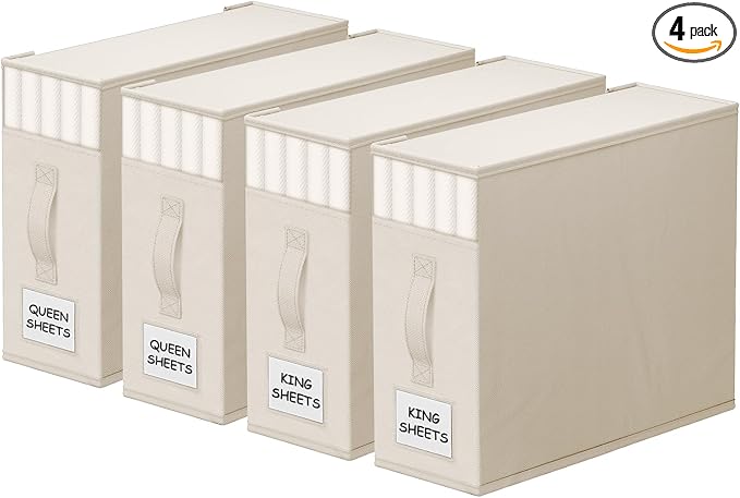 StorageTastic Bed Sheet Closet Organizers and Storage Under Bed Storage | Foldable Storage Containers with Window and Label,Storage and Organization for Bedding Sheets,Duvet Covers,Blankets,4 Pack