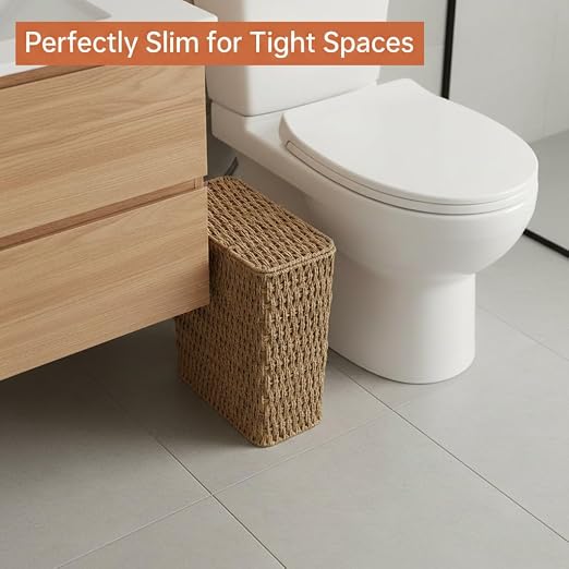 Coeusy 3 Gallon Paper Rope Bathroom Trash Can,Small Wicker Trash Cans with Lid and Liner,Woven Rattan Narrow Waste Basket for Bedroom,Office,Natural