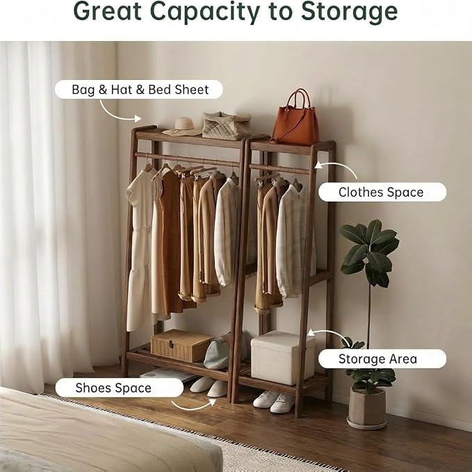 Solid Wood Clothes Rack, Clothing Rack with 2 Shelves Storage, Floor-Standing Coat Rack for Bedroom, Living Room, 16" x 20" x 63",Entryway,Walnut
