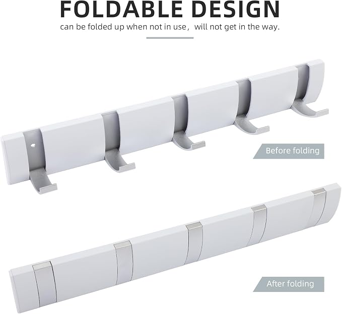 Foldable Stylish Modern Hook Rack with 5 Hooks, Coat Hooks Wall Mount, Metal Coat Hook Rail for Coat Hat Towel Purse Robes Mudroom Bathroom Entryway (White and Silver)