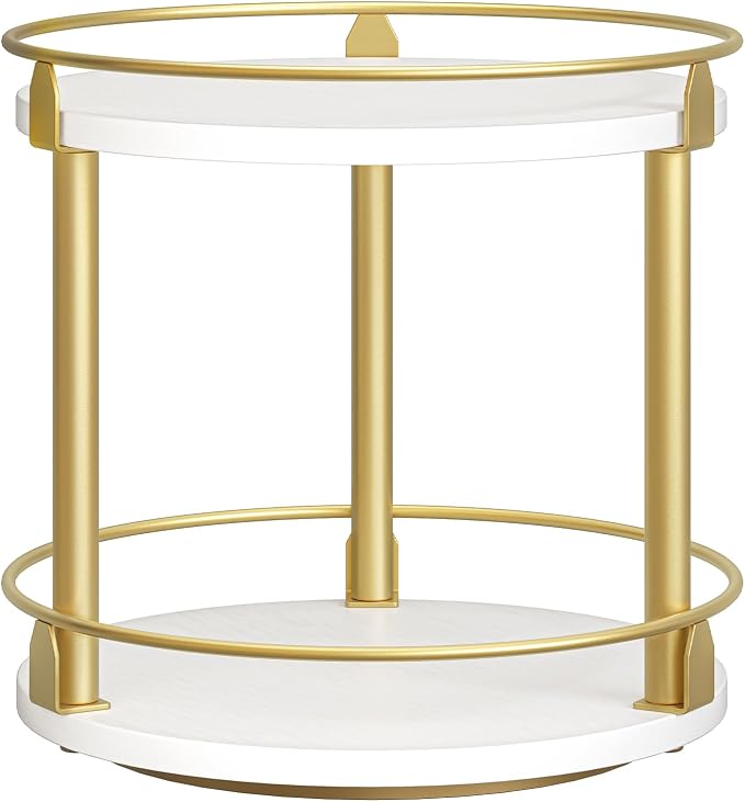 YATINEY Lazy Susan Organizer, Rotating Spice Rack, 2 Tier Spice Turntable Organizer, Industrial Turntable Spice Holder, for Kitchen Countertop and Cabinet, Compact and Versatile, White and Gold SR22DW