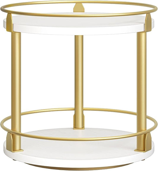 YATINEY Lazy Susan Organizer, Rotating Spice Rack, 2 Tier Spice Turntable Organizer, Industrial Turntable Spice Holder, for Kitchen Countertop and Cabinet, Compact and Versatile, White and Gold SR22DW